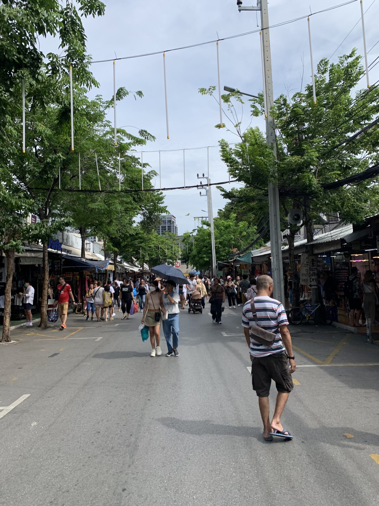 泰國恰圖恰市集，寬闊街道兩側攤位，人潮漫步逛街購物