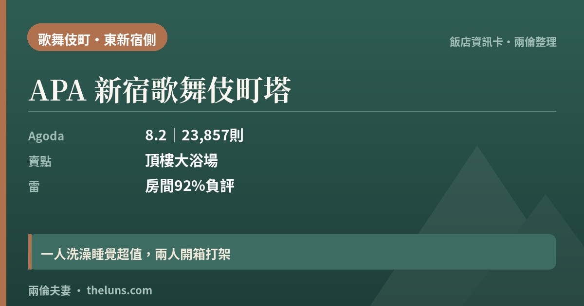 APA 新宿歌舞伎町塔｜資訊卡（兩倫整理，非實拍）