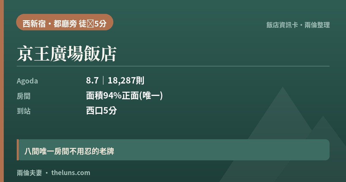 京王廣場飯店｜資訊卡（兩倫整理，非實拍）