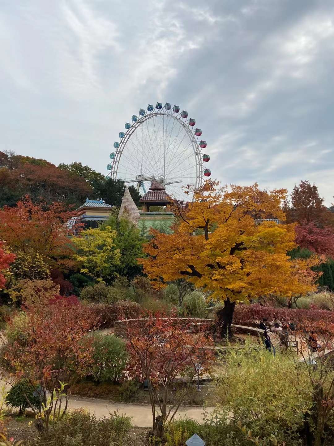 愛寶樂園：秋色樹林間的摩天輪，園區以戶外花園與遊樂設施為主