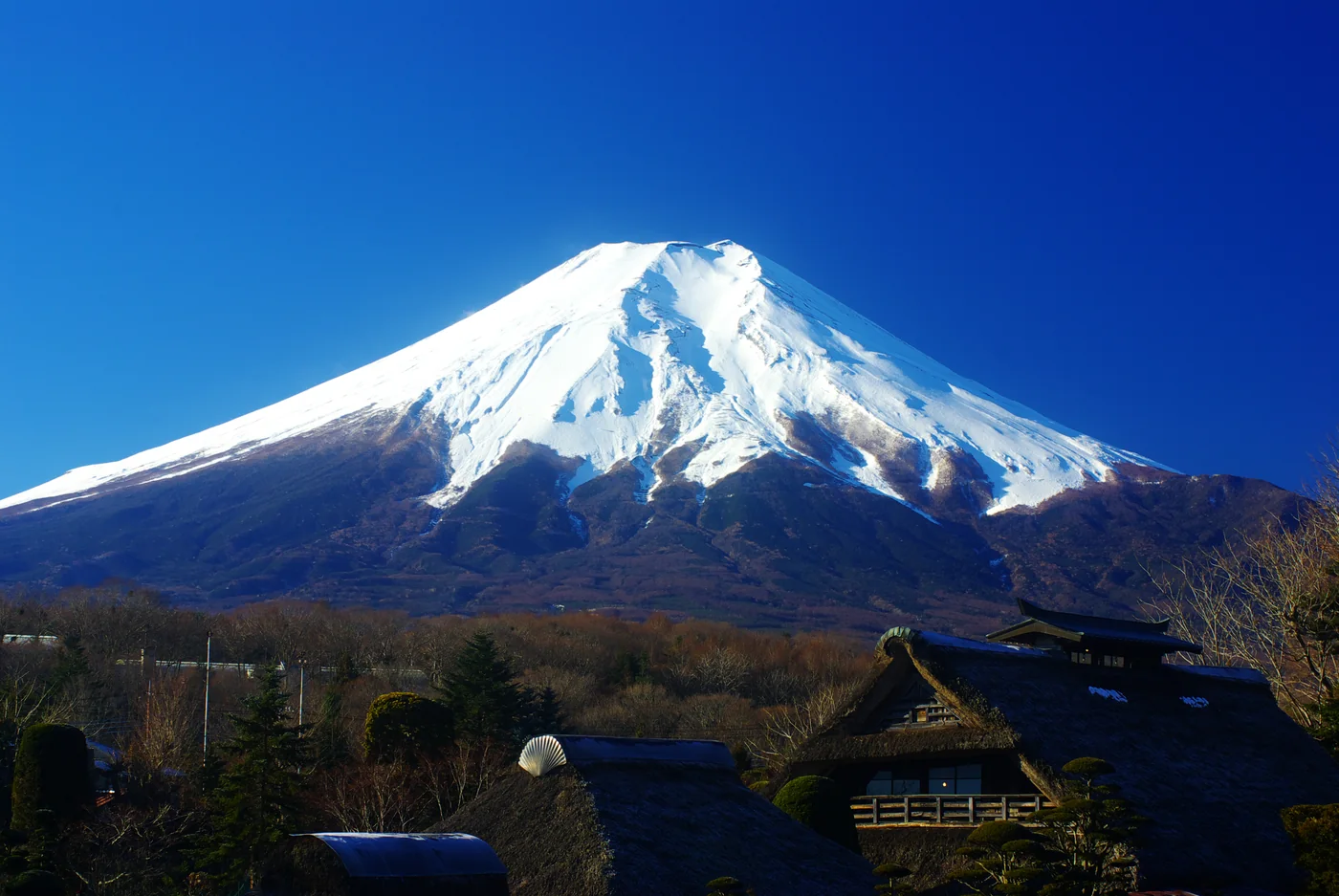 從忍野八海看冬季富士山與村落實景