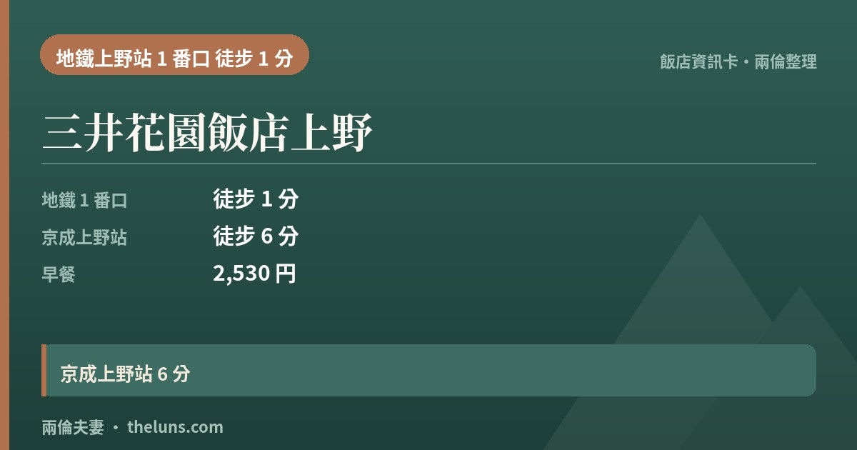三井花園飯店上野｜資訊卡（兩倫整理，非實拍）