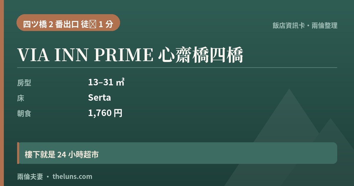 VIA INN PRIME 心齋橋四橋｜資訊卡（兩倫整理，非實拍）