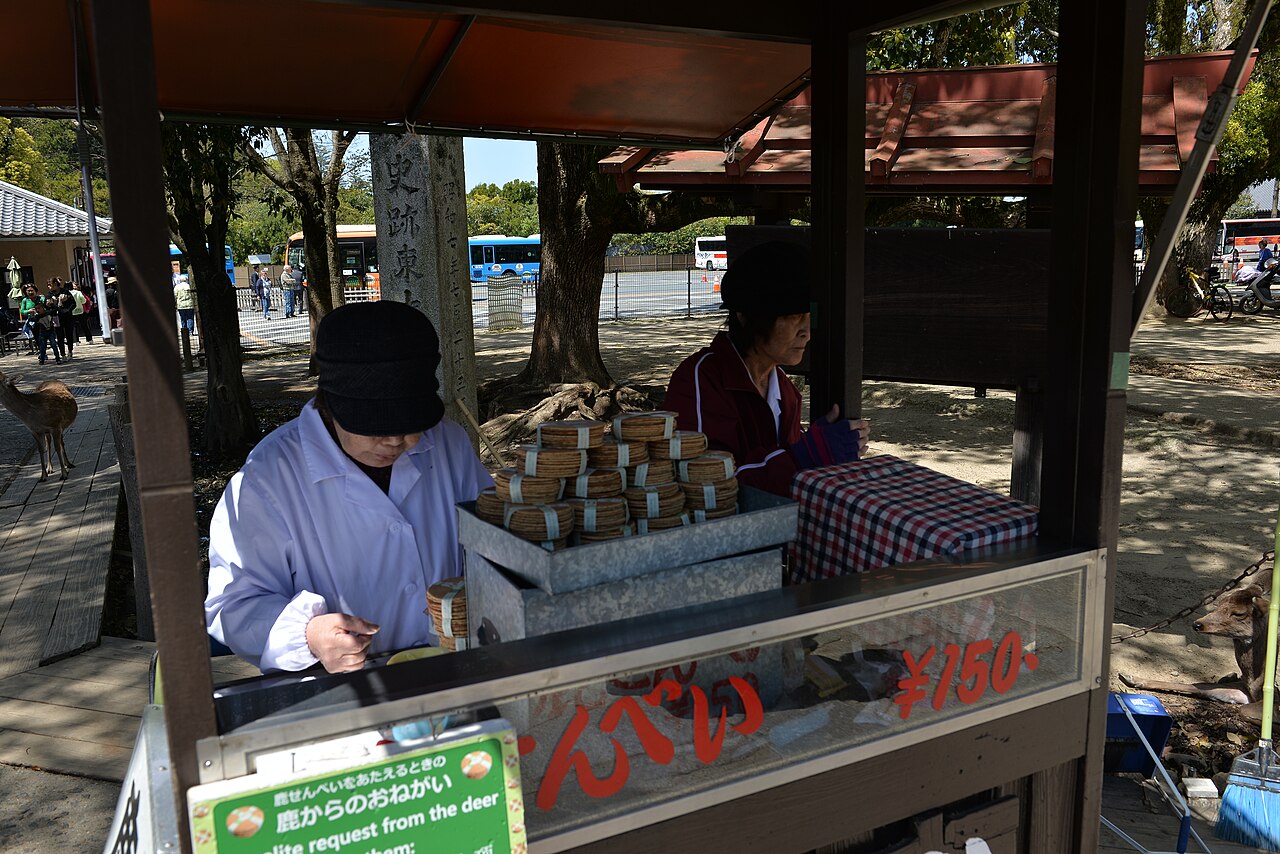 奈良公園旁邊賣鹿仙貝的攤子。近鐵奈良站走出來就是這一帶，1 日券的巴士範圍涵蓋這裡