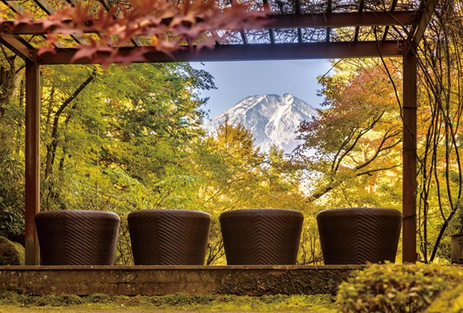 庭園裡的木頭涼亭。藤椅排成一排，富士山就在正前方